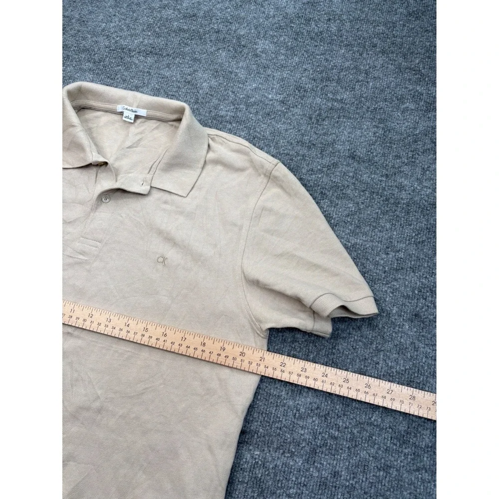 Calvin Klein Mens Large Tan‎ Beige Short Sleeve Pique Polo Shirt CK Logo Classic